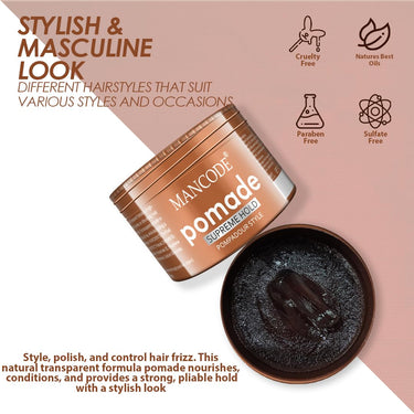 Mancode Hair Styling Pomade Wax for Men- 100ml | Supreme Hold, Glossy Finish, Non-Greasy, Water-Based Formula | 24-Hour Flexible Hold | Strong & Long-Lasting | All Hair Types